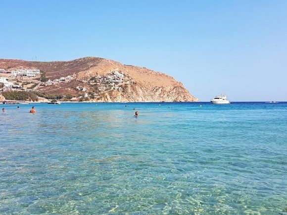 Mykonos august 2017,  Elia is the longest sandy beach of Mykonos, fully organized, offering a wide choice of taverns and bars as well as water sports facilities such as water-skiing, parasailing and windsurfing.