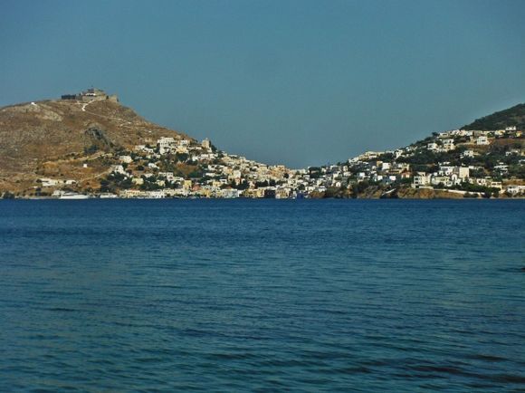 Leros island, Alinda beach, in the background Pandeli village and the Medieval Castle
