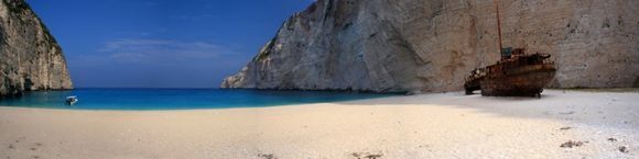 Panoramic view of a shipwreck on Navagio beach.