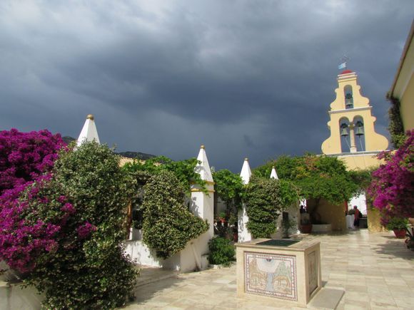 Paleokastritsa monastery  (Corfu)  against  storm  clouds.