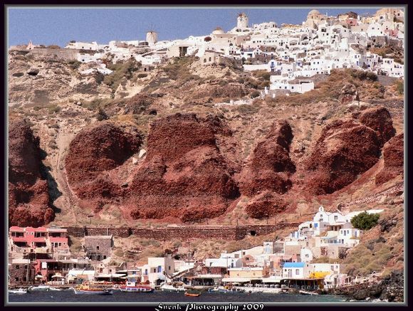 View of Oia on ferry from Nea Kameni