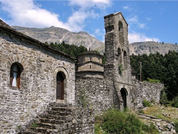 Saint George Monastery (XVIII century), Vourgareli, Epir. 
In the background - Tsumerka mountain.