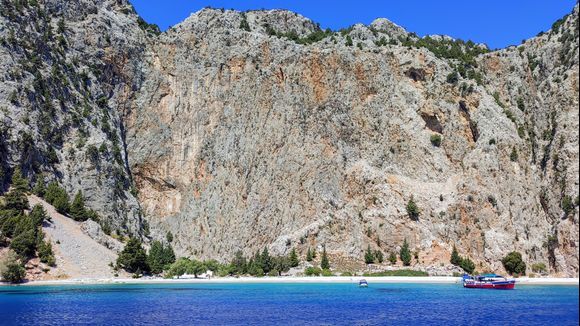 The dramatic backdrop at Agios Georgios Beach on Simi.