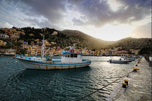 Rain and Rays. Symi harbour in January.