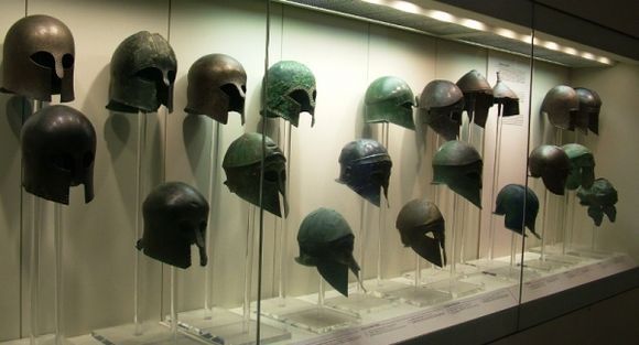 Olympia. Helmets in the Museum at Olympia