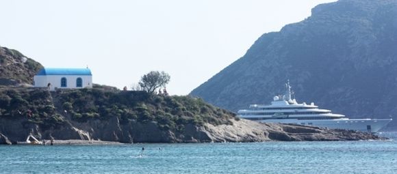 Kos.
Ayios Nicolaos on the islet of Kastri, Kamari. With the yacht Eclipse owned by Roman Abramovich (Chelsea Football club owner) in the background.