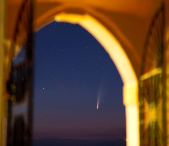 A heavenly view from  the entrance of the Church of Pantocrator Chlomos with Comet Neowise falling from the sky...