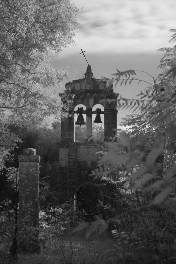 Infrared Old Church of St George entrance .Ag. Georgios in the north hills near Kassiopi