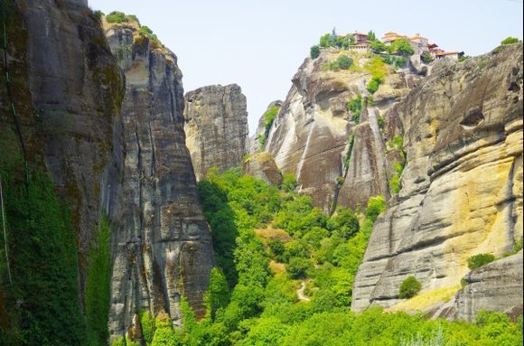 Beautiful view of the largest temple in the Meteora mountains, Greece.