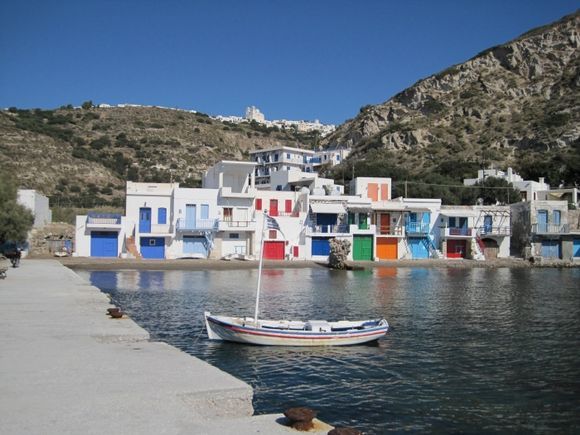 The village of Klima with the village of Tripiti high on the mountain. On the island of Milos