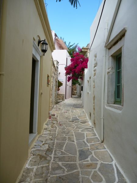 Halki: A lovely lane leads the eye to a beautiful bourganvillia.