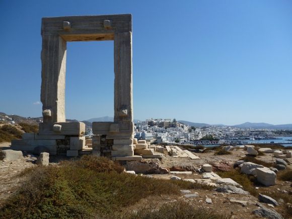 The Portara with Naxos Town in the background.