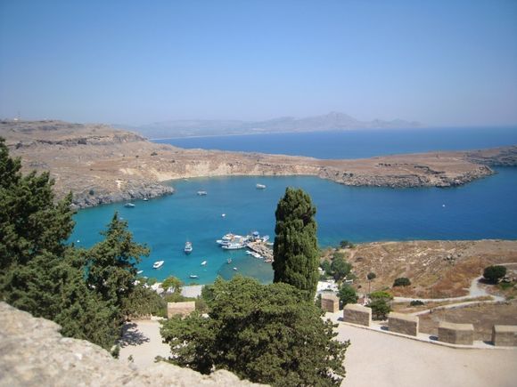 Lindos.view of main beach from acropolis.