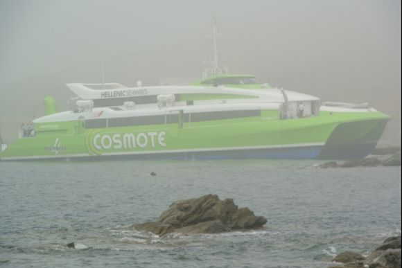 ferry “Flying Cat 4″  after running aground in shallows just outside the harbour of the island of Tinos due to the misty conditions.(sunday 26/07/2015)(I was on that boat)