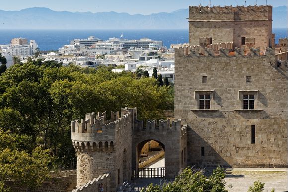 Rhodes, Greece, Grandmaster Palace architecture entry and towers Stock  Photo - Alamy