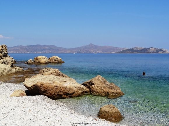 View from Chalkidiki beach on Agistri island towards Aegina island