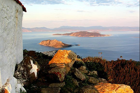 Early morning view from Mount Oros on Aegina towards Moni and Agistri.