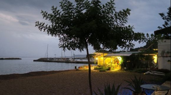 Finikounda beach cafe on a rainy evening