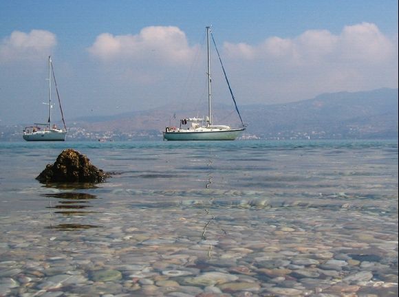 Anchored in a bay of Moni Island. The island of Moni is opposite of Perdika on Aegina.