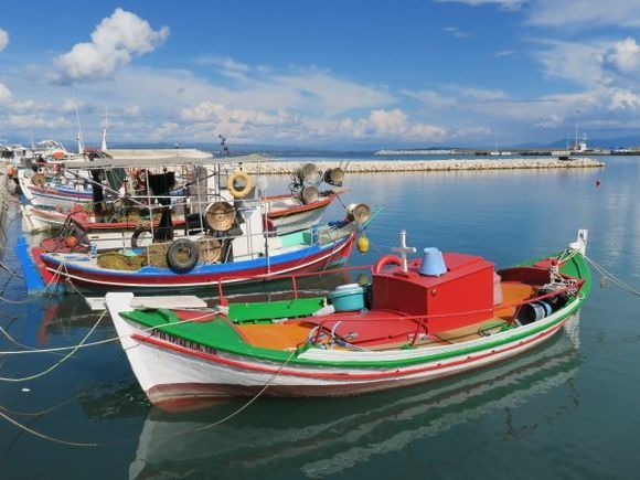 Colorful traditional fishing boats in Katakolon port (Peloponnese)